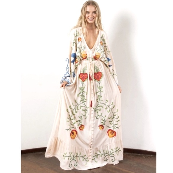 Lena Vie Boutique Dresses & Skirts - Boho Embroidered Hearts Magic Kimono Long Maxi Gown In White 5 Star ⭐️ Favorite